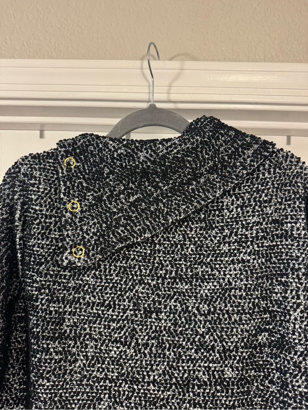 Calvin Klein Black & White Marled Funnel Neck Sweater with Snap Detail - Picture 11 of 13